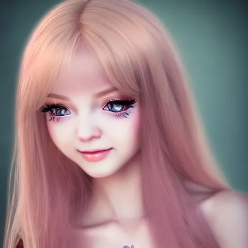 Image similar to beautiful intricate photograph of nikki from shining nikki dress - up game, a cute young woman, light pink hair, long hair with full bangs, full heart - shaped face, amber eye color, pale skin, light blush, chinese heritage,, smiling softly,, golden hour, soft focus, 8 k, hyperrealism, hyperdetailed