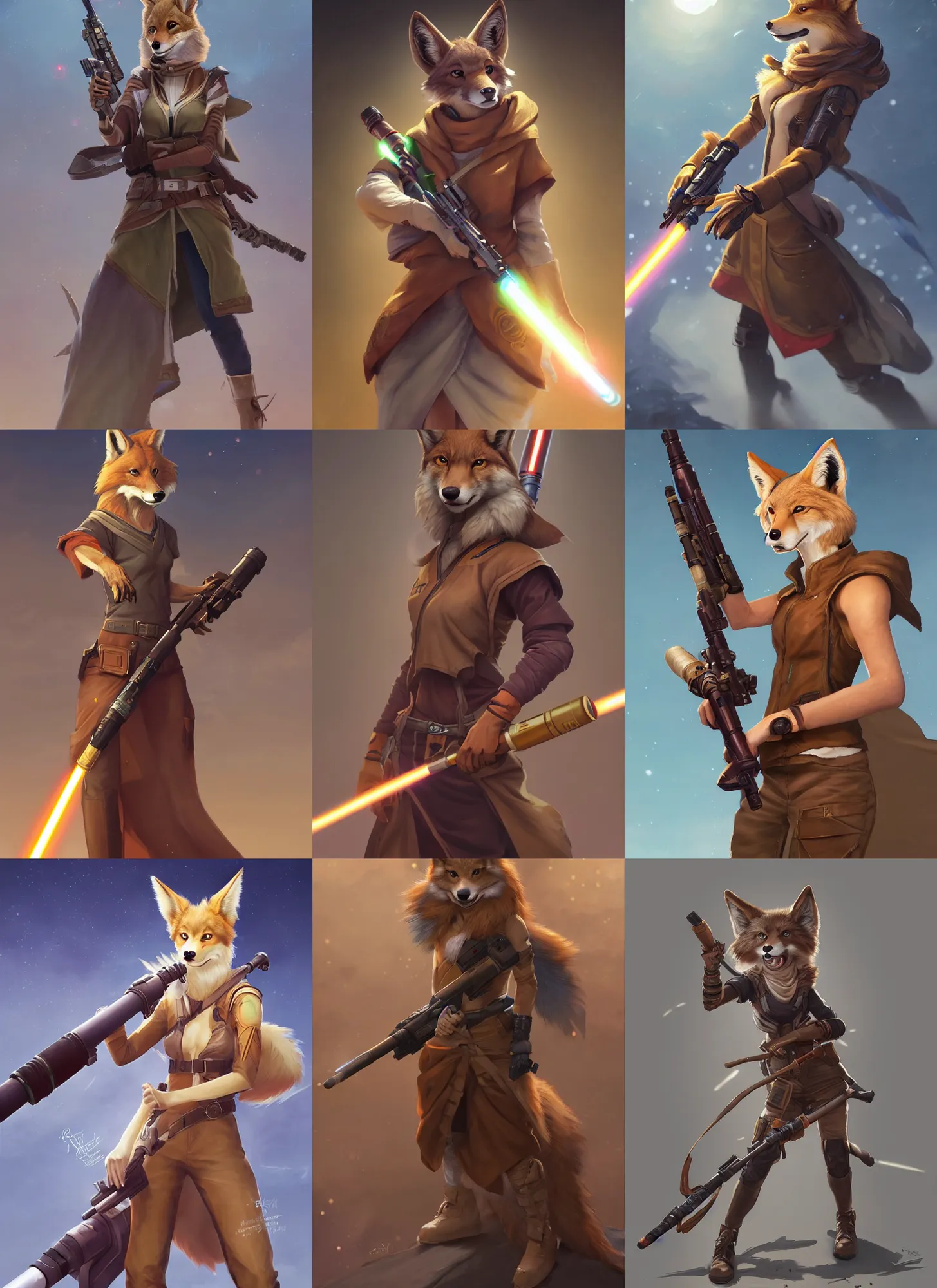 Prompt: beautiful portrait of a female anthropomorphic coyote fursona wearing jedi robes wielding a rocket - propelled grenade launcher. detailed hands. character design by charlie bowater, ross tran, artgerm, and makoto shinkai, detailed, soft lighting, rendered in octane