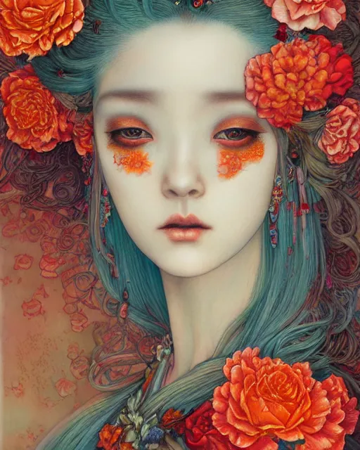 Image similar to beautiful portrait of zombie princess with flowers, cyan, orange and red color scheme, by Chie Yoshii, Jean James and Hans Zatzka, hyperfine detail, cgsociety