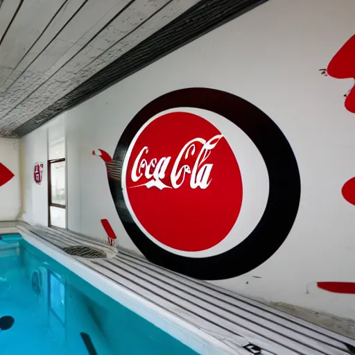 Prompt: pool with black water, coca cola logo on the walls, 4k, photo