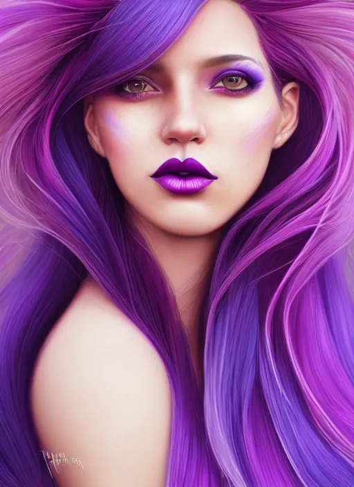 Image similar to Portrait of a woman with bright colored flying hair, all shades of purple. Hair coloring, beautiful lips and makeup. Hair fluttering in the wind, amber eyes, face, long hair, fantasy, intricate, elegant, highly detailed, digital painting, artstation, concept art, smooth, sharp focus, illustration, art by artgerm and greg rutkowski and alphonse mucha