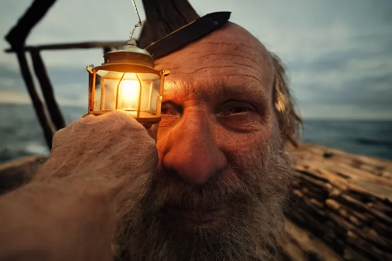 Image similar to closeup old man holding up a lantern on the beach in a pirate ship bay meet to a old wood shack by emmanuel lubezki