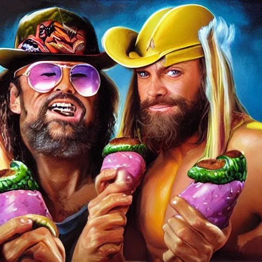 Image similar to portrait of wwf macho man randy savage and wcw sting sharing hotdogs, an oil painting by ross tran and thomas kincade