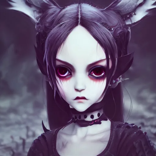 Image similar to full shot portrait of angry darkness cute anime girl at moonlight, gothic wearing, inspired by Tim Burton, Norihiro Yagi, WLOP, Marc Simonetti, Amano, Andrei Riabovitchev, detailed, unreal engine 4k volumetric light, fog,