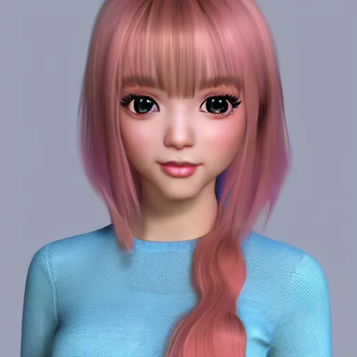 Image similar to Render of Nikki from Shining Nikki Dress-Up Game, a cute 3D young woman, long light pink hair, full bangs, full round face, hazel amber eyes, pale skin, cute freckles, light blush, Chinese heritage, smiling softly, wearing casual clothing, interior lighting, cozy living room background, medium shot, mid-shot, hyperdetailed, trending on Artstation, Unreal Engine 4k