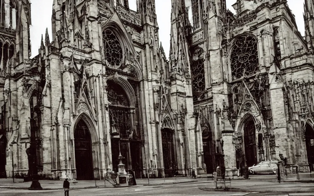 Image similar to street view of a cathedral made of flesh and bones, realistic, old color photograph, dynamic composition, creepy