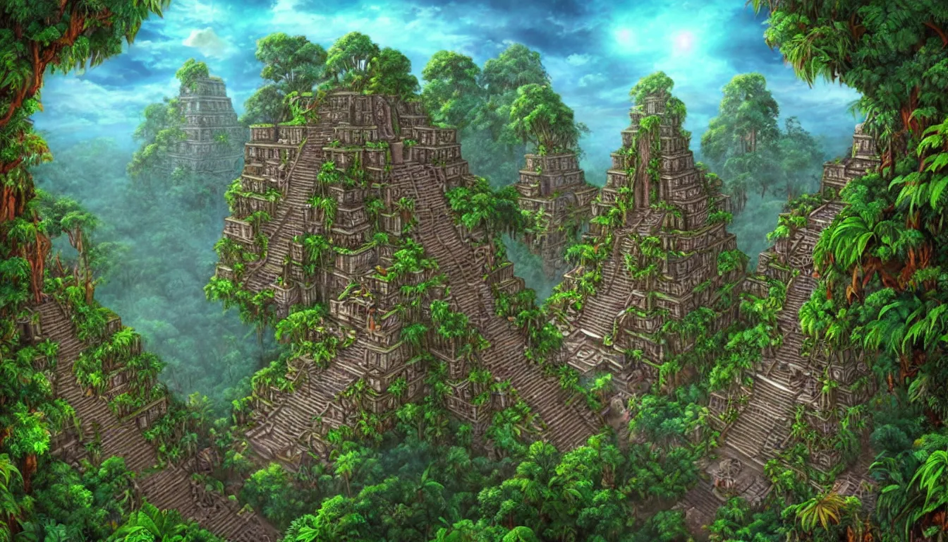 Image similar to way up the tower to the majestic ancient mayan temple jungle forest realm in the clouds , side-scrolling 2d platformer game level, swirling clouds, fantasy jungle vegetation, totem ruins with intricate mayan glyphs, dramatic dusk sun illuminates areas, volumetric light , detailed carved ornaments, rich color, upscale , 8k