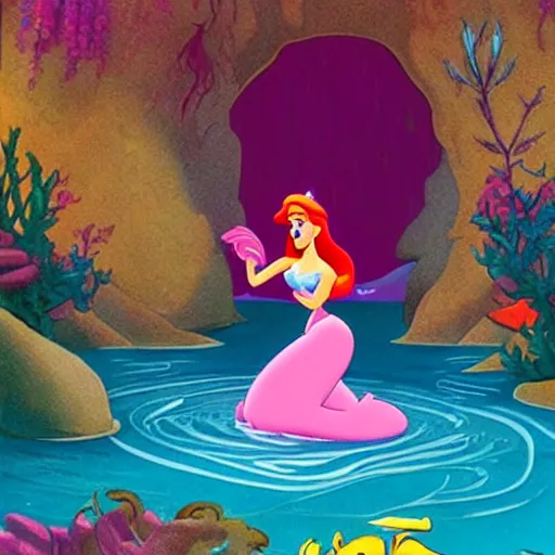 Prompt: cartoon classic still from Disney\'s The little Mermaid featuring ariana grande, disney princess, official, promotional artwrok