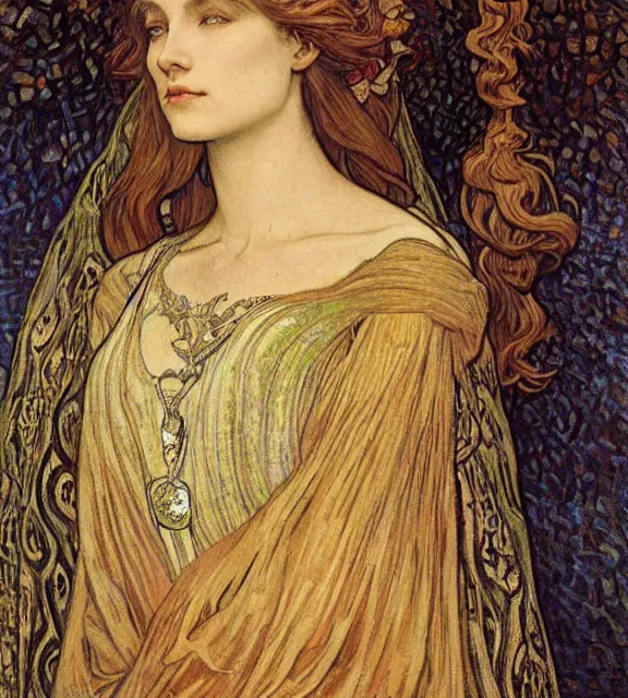 Image similar to detailed realistic beautiful young medieval queen face portrait by jean delville, alphonse mucha, vincent van gogh, and marco mazzoni, art nouveau, symbolist, visionary, gothic, pre - raphaelite