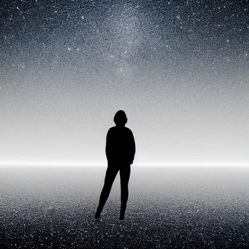 Image similar to a person floating in the blackness of space, stars twinkle and dance in the background, lonesome, wide shot, background, space, minimalist, realistic, no color