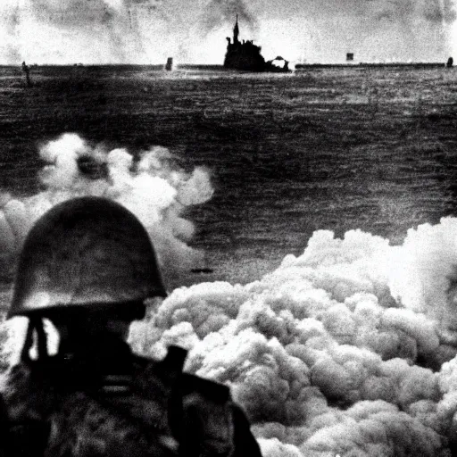 Image similar to photo of d-day, world war 2, large explosion in distance, war, cinematic, gritty, grainy