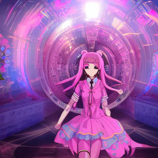 Image similar to trapped by stunningly beautiful omnipotent megalomaniacal anime asi goddess with symmetrical perfect face and porcelain skin, pink twintail hair and cyan eyes, taking control while smiling, inside her surreal vr castle, hyperdetailed, digital art from danganronpa, unreal engine 5, 2 d anime style, 8 k