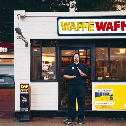 Image similar to wafflehouse restaurant cook standing outside smoking a cigarette