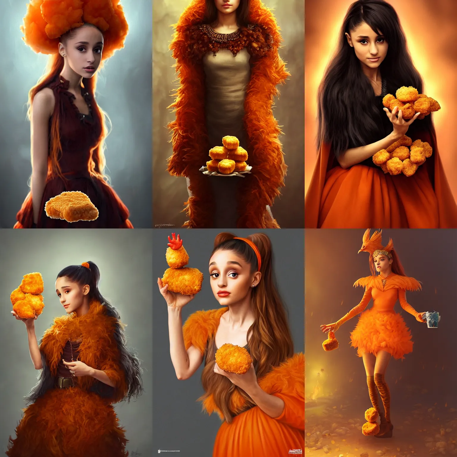 Prompt: sinister ultrarealistic fantasy portrait mage ariana grande holding a chicken nugget, orange dress made out of ( chicken nuggets ) ( chicken nugget ) mantle gothic ( chicken nugget ) cloak with intricate details, fantasy character octane render, cinematic lighting, volumetric lighting, artstation, dnd art, cgsociety, sharp focus, digital painting by artgerm, gerald brom, wlop