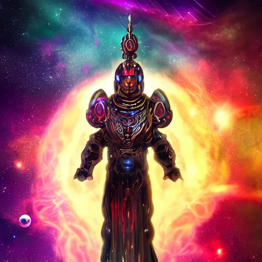 Image similar to photorealistic fantasy cosmic concept art of a cosmic god with armor made out of planets and dark matter, hovering in a unknown galaxy, fully body portrait, cinematic, dynamic lighting, ultra detailed, creative, trending on art station, stunning visuals, creative