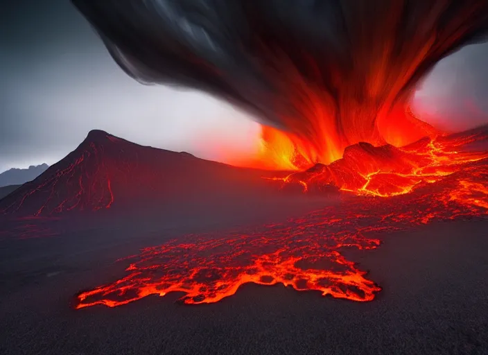 Prompt: photography by marc adamus, lava lake, dramatic lighting, volcanoes, smoke, fire, dramatic, evil