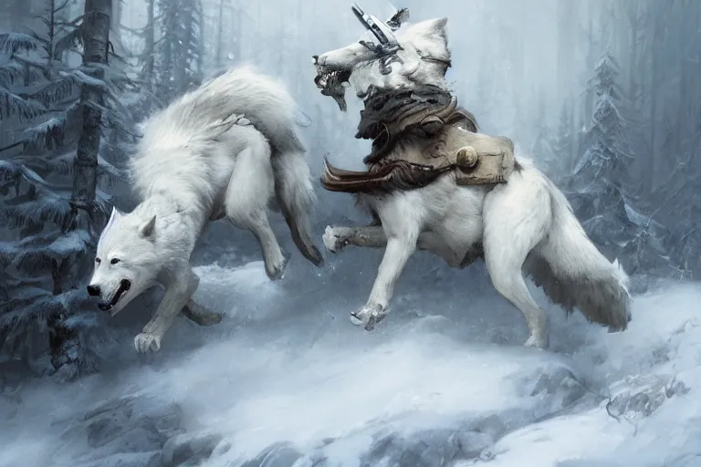 Prompt: white wolves running in white snow painted by Bastien Lecouffe-Deharme and Cedric Peyravernay, trending on artstation, Frank Frazetta, 4k, 8k, HD