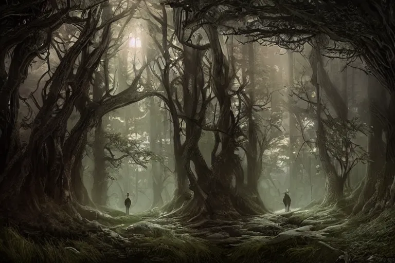 Prompt: an old elven wood, a view to an eerie fantasy world, portal to new york city in the center, ethereal back light, mist, coherent composition, detailed fantasy painting by yuumei