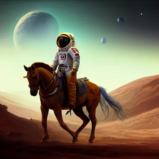 Prompt: centered portrait of the Astronaut riding a Horse in Mars, realistic character concept, high fantasy, light atmosphere, golden ratio, wide shot, cinematic lighting, hyperdetailed, high detailed, high resolution, insanely detailed and intricate, artstation, Marc Simonetti, Greg Rutkowski, octane render, unreal engine, 8k
