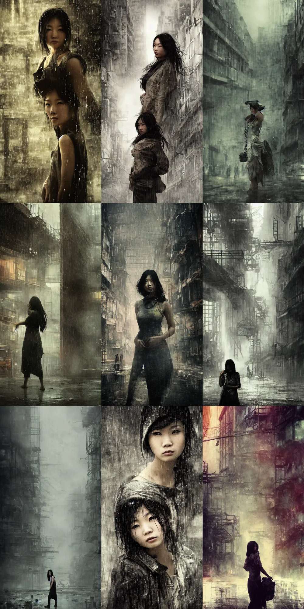 Prompt: an asian woman, beautiful face, in abandoned industrial city with towering factories, fire escapes, scaffolding, smokestacks at night in the rain dark moody lighting, innocent look, post - apocalyptic, desolate, by jeremy mann and alphonse mucha, dramatic lighting, ethereal, stunning, breathtaking, awe - inspiring award - winning, 8 k