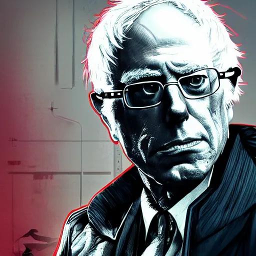 Image similar to cyberpunk bernie sanders as the leader of a futuristic communist nation, cybernetics, sharp lines, digital, artstation, colored in