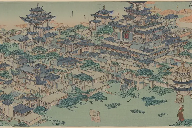 Prompt: a dungeons and dragons castle town. street level view. r / retrofuturism and ukiyo - e