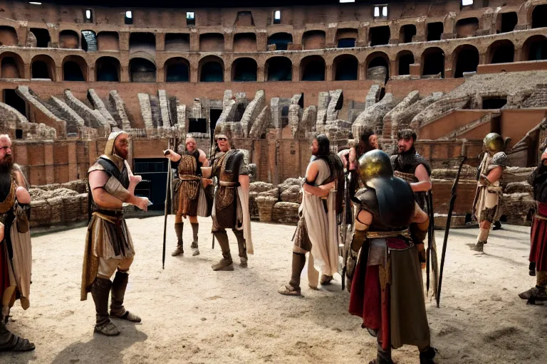 Image similar to vfx film, on set, on location, big production, roman extras, roman army, colosseum, outdoor, behind the scenes, film production, making of, flat color profile low - key lighting award winning photography arri alexa cinematography, hyper real photorealistic cinematic beautiful, atmospheric cool colorgrade