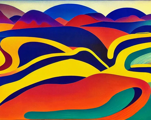 Image similar to A wild, insane, modernist landscape painting. Wild energy patterns rippling in all directions. Curves, organic, zig-zags. Saturated color. Mountains. Clouds. Rushing water. Wayne Thiebaud. Tarsila do Amaral. Zao Wou-ki.