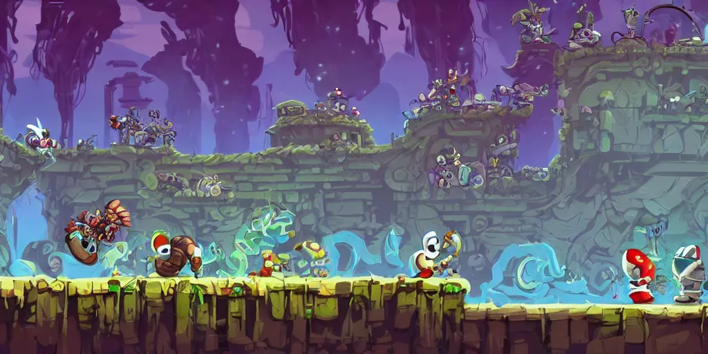 Image similar to Scenario without characters, empty scenario, art by Tomba, ori and the blind, Dead cells ,Hollow knight ,wonder boy , Megaman, Blasphemous , Portraiting a platform game showing an old industry, subject in the center, subject on the center screen, inside iron and machines, side scrolling, Rule of Thirds, 4K, Retrofuturism, Studio Ghibli, Simon Stålenhag