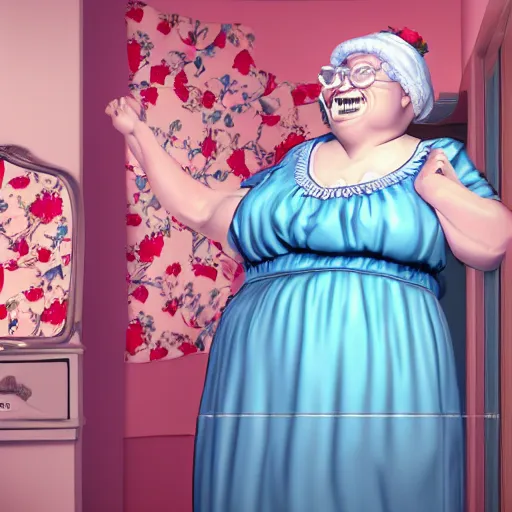 Image similar to of a very funny scene. ambient occlusion render. a sweet fat old woman is in kissing her reflection. flowery dress. mirror. symmetrical face, red mouth, blue eyes. deep focus, lovely scene. ambient occlusion render. concept art. unreal engine.