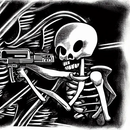 Image similar to digital drawing of an angry skeleton shooting a gun, black and white