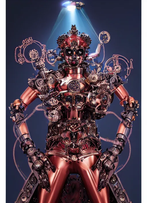 Image similar to baroque and cyberpunk style full-body sculpture of a young seductive Hispanic prince half android with a chest exposing a glowing ruby battery, glowing pink seductive laser eyes, crown of blue gears and diamonds, swirling salmon-colored silk fabric, robotic raptors dinosaurs. baroque elements. full-length view. intricate artwork by caravaggio. art by Artgerm and Greg Rutkowski and Alphonse Mucha, Trending on artstation, cinematic industrial lighting, photorealistic, octane render, 8k, depth of field, 3D