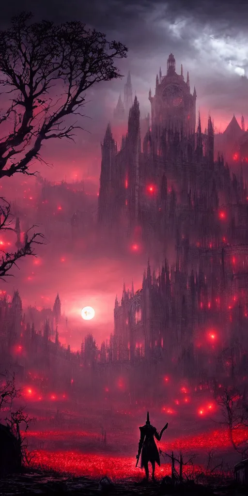 Image similar to populated bloodborne old valley with a obscure person at the centre and a ruined gothic city in the background, trees and stars in the background, falling red petals, epic red - orange moonlight, perfect lightning, wallpaper illustration by niko delort and kentaro miura, 4 k, ultra realistic