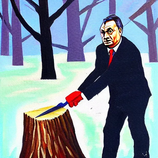 Image similar to viktor orban chopping a tree, oil painting