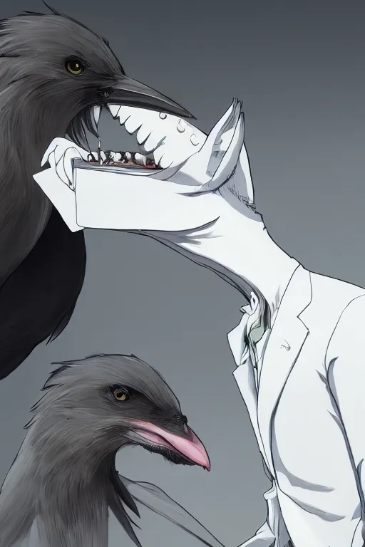 Prompt: Beastars' Louis wearing a white formal coat conversing with a crow, hyperrealistic, concept art, octane render, trending on DeviantArt, highly detailed, high quality, 8K, soft lighting, cute, natural lighting, anime face, trending on Artstation, e621, elegant clothes, profile picture, path traced, house background
