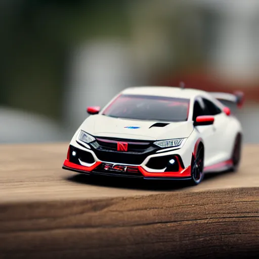 Prompt: civic type r fk 8 as a toy car on a wooden desk, focus shot, 1 0 5 mm, photo realistic