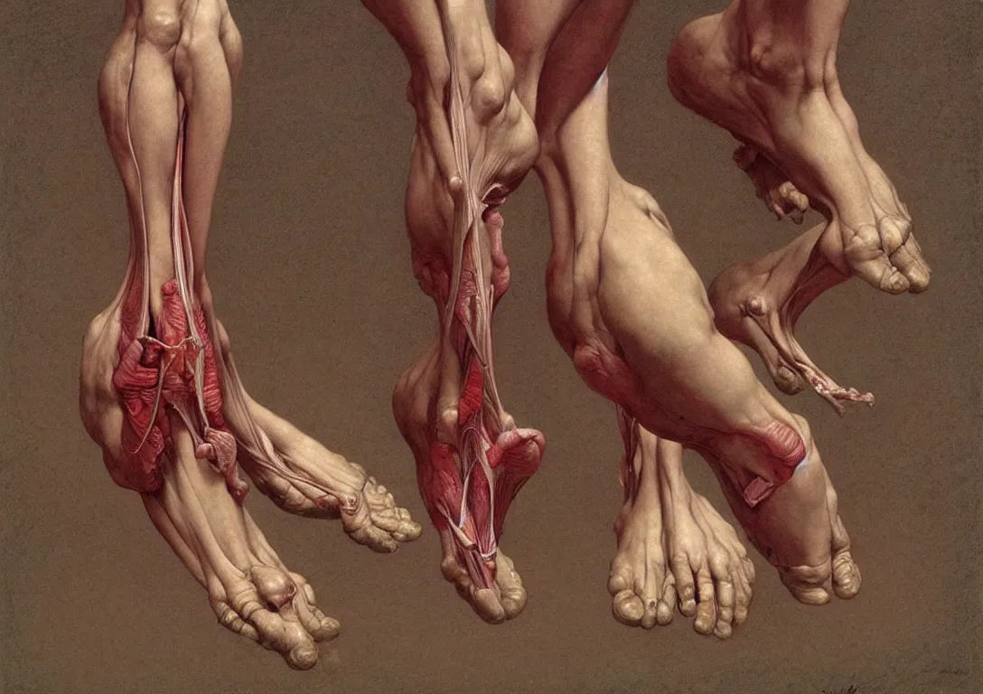 Image similar to human foot artists anatomy in the style of wayne barlowe, gustav moreau, goward, bussiere, roberto ferri, santiago caruso, luis ricardo falero, dali