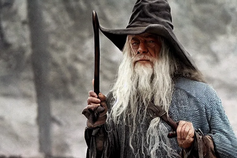 Image similar to Cowboy Gandalf wearing Stetson hat and leather trousers. Movie still from lord of the rings the fellowship of the ring.