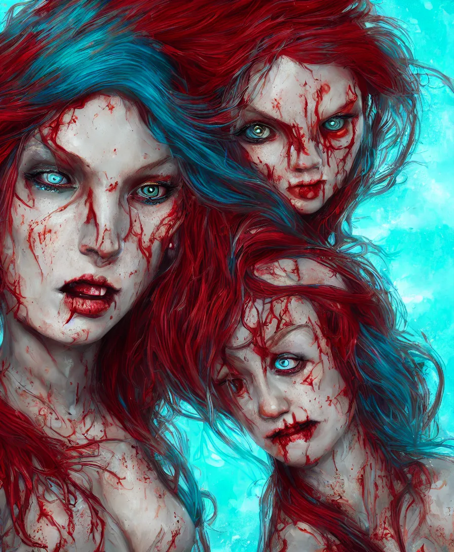 Prompt: Close-up portrait of zombie mermaid young woman with red hair, under turquoise water, intricate, highly detailed, digital painting, artstation, concept art, smooth