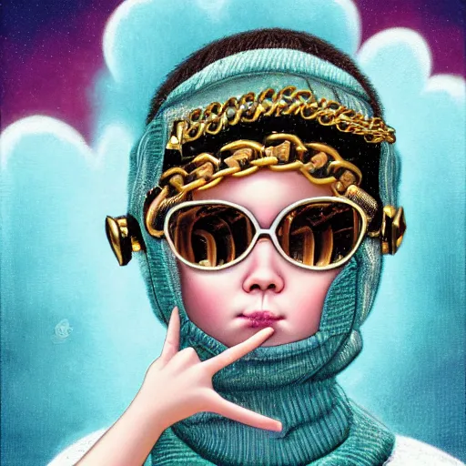 Image similar to Lofi vaporwave portrait baby cherub angel, ski mask, balaclava, face covered, Gucci, Nike, Chanel, multiple gold chains, Pixar style, Tristan Eaton, Stanley Artgerm, Tom Bagshaw