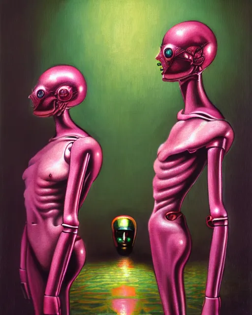 Image similar to hyperrealistic hyperdetailed byzantine mechanical iridescent pink humanoids performing concept art santiago caruso de chirico sharp very dramatic green light 8k low angle shallow depth of field