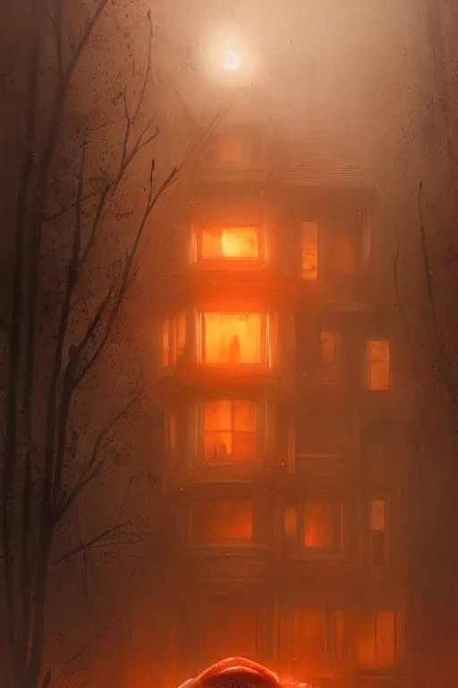 Image similar to A Victorian House of The Void with big orange eyeballs staring out from the windows, Red and Orange colored, Lovecraftian, 4k, masterpiece, cinematic, glowing, by Greg Rutkowski, Trending on Artstation, Behance. Polished. Eldritch