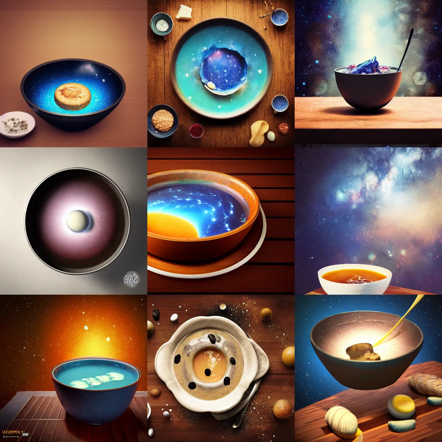 Prompt: space cosmos universe milky way soup in a bowl on a wooden table, food photography, artstation award winner, octane render