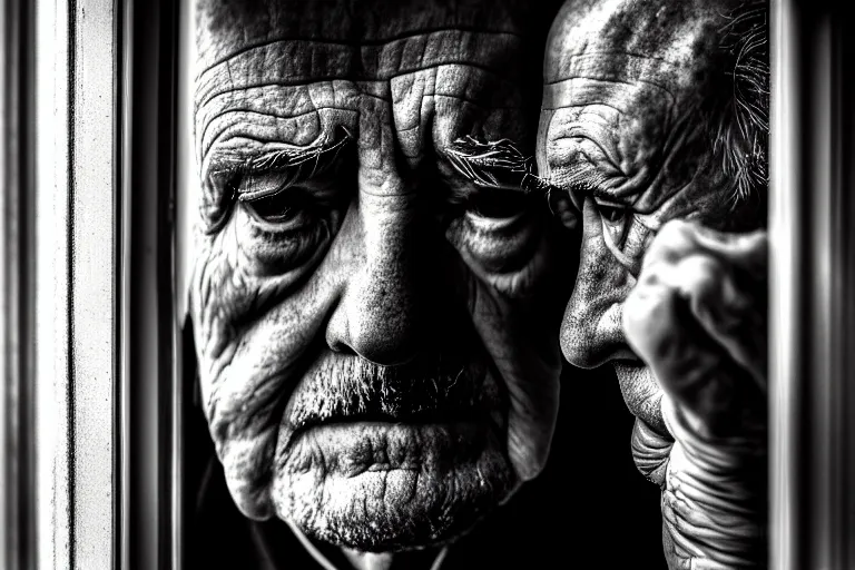 Image similar to an ultra realistic, cinematic, close up portrait, of an old man, looking in the window, sad, dramatic, soft light, dreamy, facial features, stood in a cell, with prison clothing, detailed, deep focus, movie still, dramatic lighting, ray tracing, by michal karcz and yoshitaka