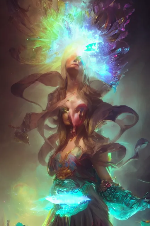 Prompt: beautiful girl necromancer covered with crystals exploding rainbow, 3 d render, hyper realistic detailed portrait, holding magic leaves, ruan jia, wlop. scifi, fantasy, hyper detailed, octane render, concept art, peter mohrbacher