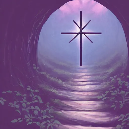 Image similar to a christian cross as the light is shining at the end of the tunnel, paradise outside of the tunnel, with pale purple and pale pink lighting, cute, aesthetic, anime, dark tunnel, with a few vines and overgrowth, studio ghibli, cinematic, painting, high definition, digital art, symmetrical, very detailed, extremely high detail, photo realistic, concept art, unreal engine 5,