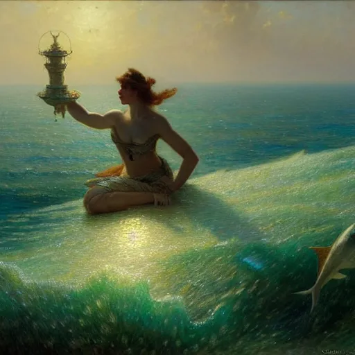 Image similar to point of view, you are deep in the ocean looking up, you see fishes, flora and fauna, higher you see the splendorous milk way illuminating the sea. highly detailed painting by gaston bussiere, greg rutkowski 8 k