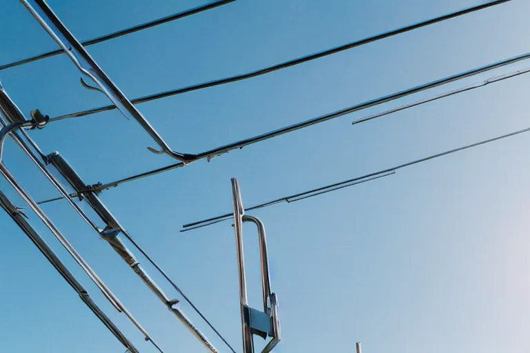 Image similar to shiny metal rails in blue sky, award winning cinematic still