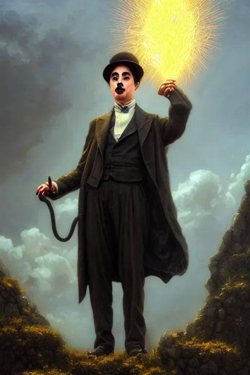 Image similar to highly detailed portrait of charlie chaplin as the god zeus holding thunder, stephen bliss, unreal engine, fantasy art by greg rutkowski, rhads, ferdinand knab, makoto shinkai and lois van baarle, ilya kuvshinov, rossdraws, tom bagshaw, global illumination, radiant light, detailed and intricate environment