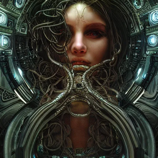 Image similar to Cyberpunk medusa, dark atmosphere, cinematic shot, intricate, ornate, photorealistic, ultra detailed, realistic, 35mm, photography, neon, octane, high definition, depth of field, bokeh, 8k, artstation, (alphonse mucha), hr giger